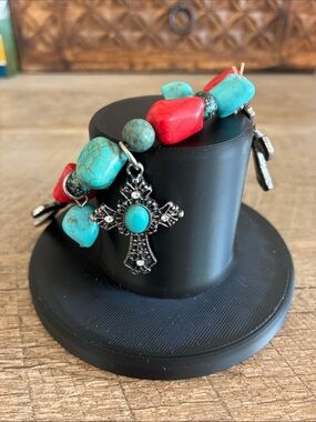 Vintage bracelet Turquoise Semi Precious Gemstone & Red Coral crosses Silver